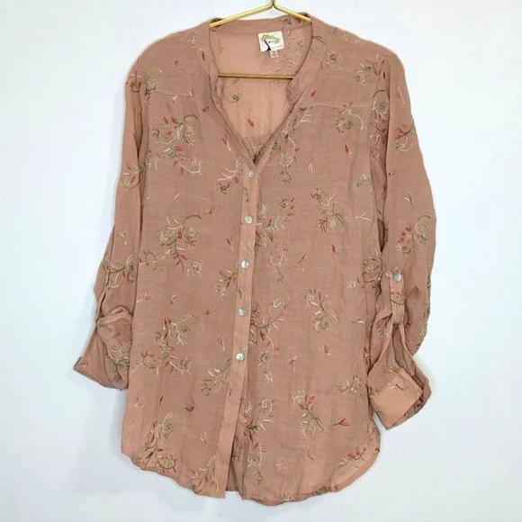 fig and flower Large Dusty Rose Floral Embroidered Long Sleeve Button Down Shirt - Picture 1 of 10
